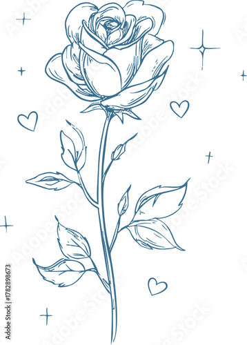 Rose sketch hand drawn with delicate leaves and whimsical hearts — stock vector