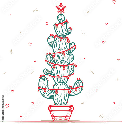 Cactus Christmas tree sketch, hand drawn style with string lights and star topper — stock vector