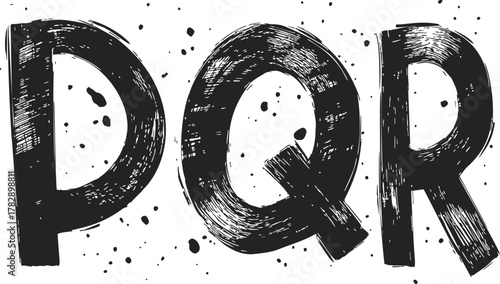 P, Q, R letters sketch hand drawn bold grunge style with ink splatter — stock vector