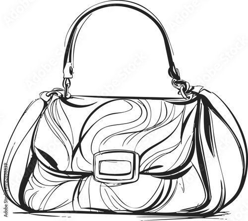 Handbag sketch hand drawn with swirling pattern and buckle detail — stock vector