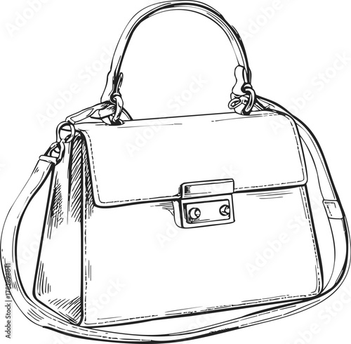 Handbag sketch hand drawn style with top handle and shoulder strap — stock vector