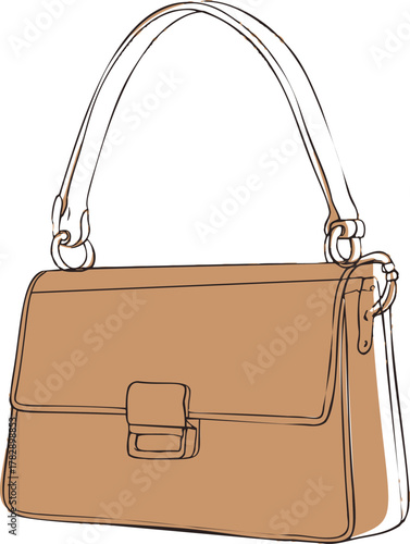 Brown handbag sketch, hand drawn style, simple shoulder bag with flap and buckle — stock vector