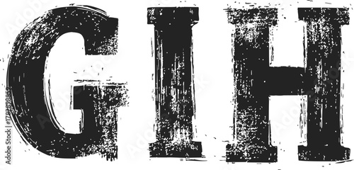 Grunge letters G, I, H, sketch hand drawn distressed bold font — stock vector