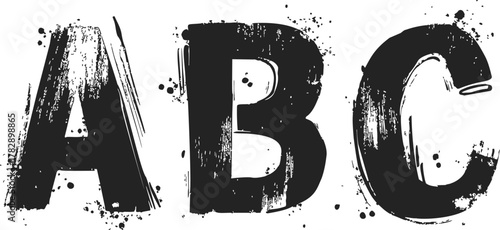 Alphabet grunge letters sketch hand drawn bold uppercase A, B, C with paint splatter effect — stock vector
