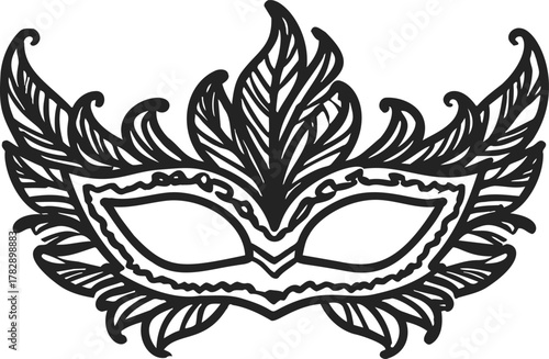 Feather masquerade mask sketch, hand drawn ornate carnival accessory with decorative plumes — stock vector