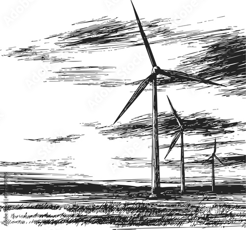 Wind turbines sketch hand drawn landscape with cloudy sky and grassy field — stock vector