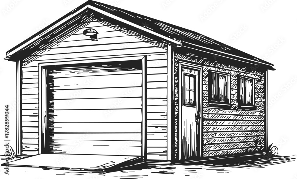 Fototapeta premium Garage sketch hand drawn style with closed door and side windows — stock vector