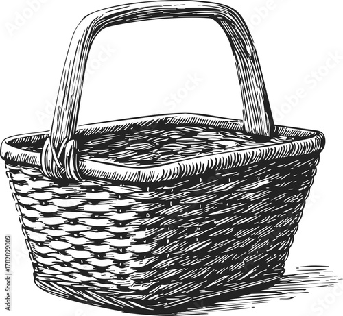 Wicker basket sketch, hand drawn style with handle and woven texture — stock vector