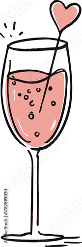 Pink cocktail glass sketch with heart stirrer, hand drawn bubbly drink — stock vector