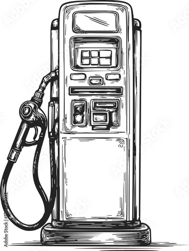 Vintage gas pump sketch, hand drawn retro fuel dispenser with nozzle — stock vector