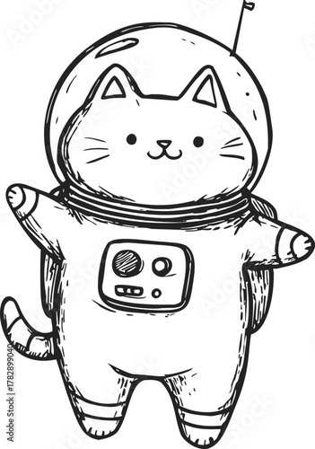 Cat astronaut sketch, hand drawn style, wearing space suit and helmet — stock vector