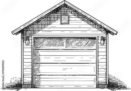 Garage, hand drawn sketch line art, residential single car storage building — stock vector