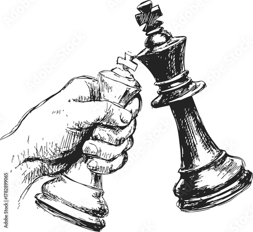 Chess king hand drawn sketch, hand holding and toppling chess king piece — stock vector