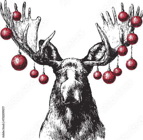 Moose sketch hand drawn with Christmas ornaments hanging from antlers — stock vector