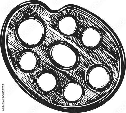 Artist palette sketch hand drawn style with oval shape and paint wells — stock vector