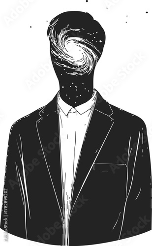 Surreal portrait, hand drawn sketch, faceless man in business suit with swirling vortex head — stock vector