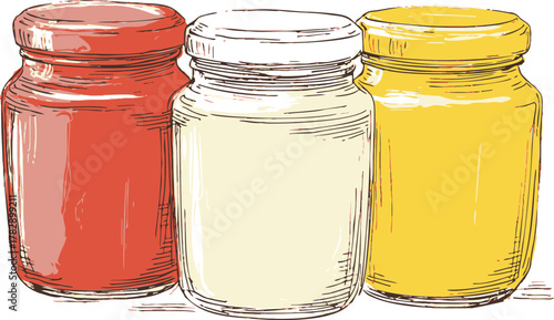 Sauce jars sketch hand drawn in red, white, and yellow colors side by side — stock vector