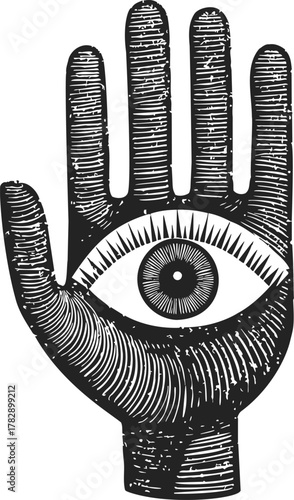 Hamsa hand sketch with all-seeing eye, hand drawn mystical protective amulet — stock vector