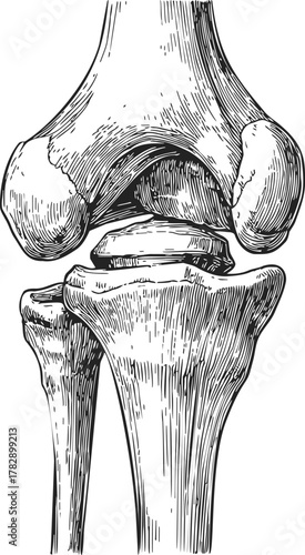 Knee joint sketch, hand drawn anatomical bones and cartilage structure — stock vector