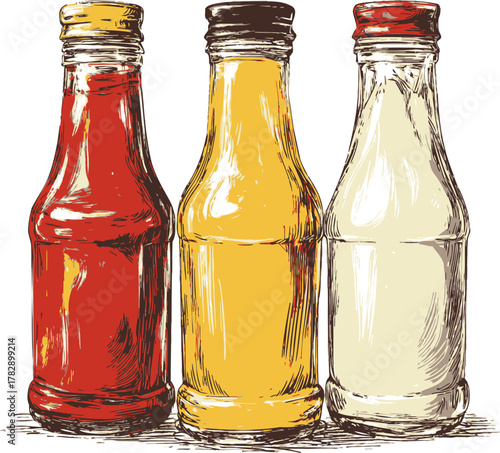 Condiment bottles sketch, hand drawn vector with ketchup, mustard, mayonnaise — stock vector