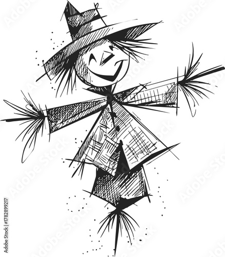Scarecrow sketch hand drawn with hat and smiling face, rustic autumn style — stock vector