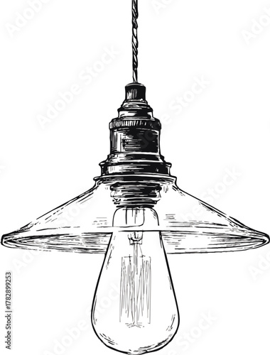 Vintage pendant lamp sketch, hand drawn style with exposed bulb and glass shade — stock vector