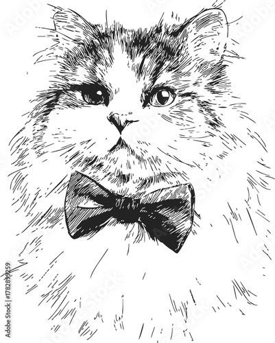 Cat sketch hand drawn with bow tie, elegant fluffy feline portrait — stock vector