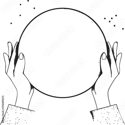 Hands holding crystal ball sketch, hand drawn style with scattered dots — stock vector