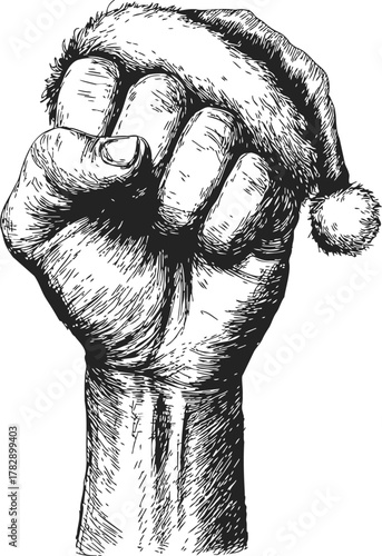 Fist wearing Santa hat sketch, hand drawn style, Christmas holiday concept — stock vector