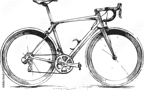 Road bike sketch, hand drawn vector illustration of modern racing bicycle with detailed frame and wheels — stock vector