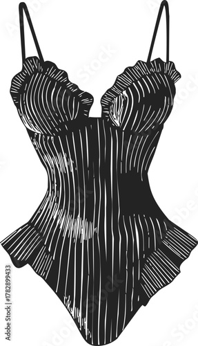 Black corset sketch, hand drawn style with ruffled trim and thin straps — stock vector