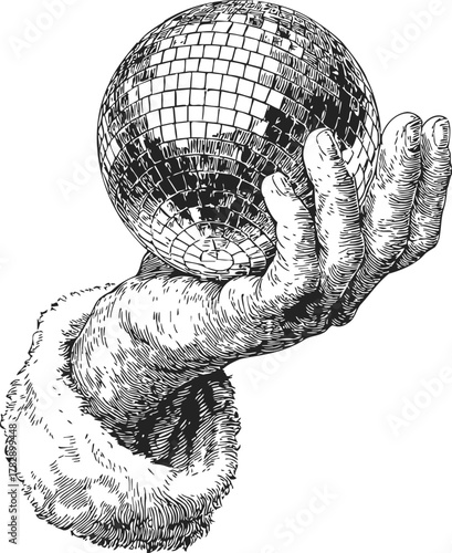 Hand holding disco ball sketch, hand drawn style with detailed fur cuff — stock vector