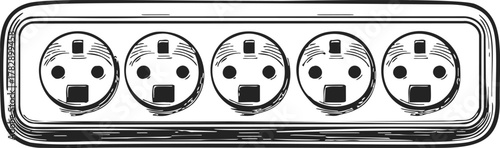 Power strip sketch, hand drawn style, five socket outlets, rectangular frame — stock vector