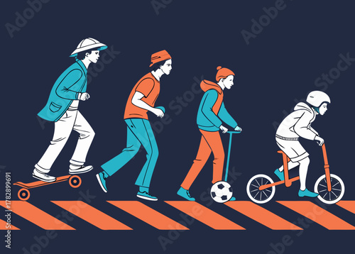 Children enjoy various modes of transportation on a striped path