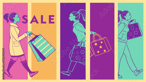 Women shopping during a sale event with colorful bags