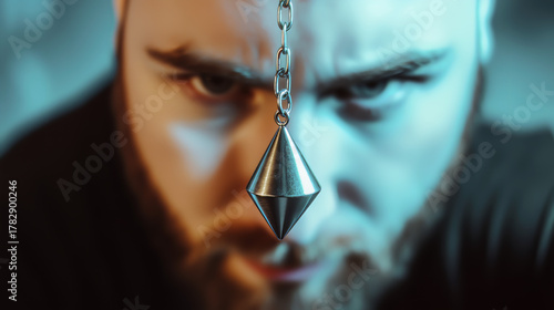 Hypnotic gaze of man staring at pendulum in surreal close-up..