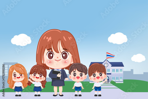 Cute cartoon student kid and teacher on school background.