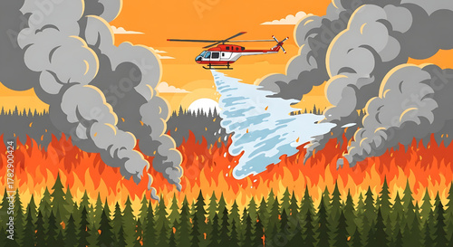 Wildfire Emergency: Helicopter Fighting Forest Fire with Water Drop