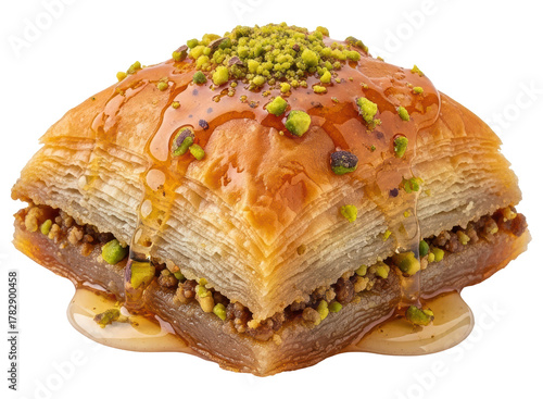 Delicious golden baklava pastry with pistachio nuts and sweet syrup drizzle