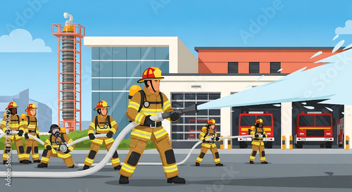 Firefighters in Action: Teamwork and Safety Illustration