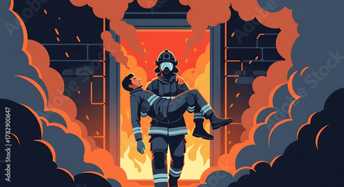 Brave Firefighter Rescuing Person From Burning Building Vector Illustration