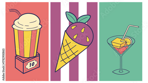Retro summer treats and drinks triptych