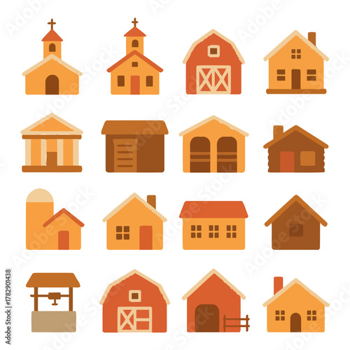 Rural Homes and Buildings: An illustrative compilation of diverse architectural structures, from charming rural homes to iconic churches. Explore the variety of design and utility in a vibrant.