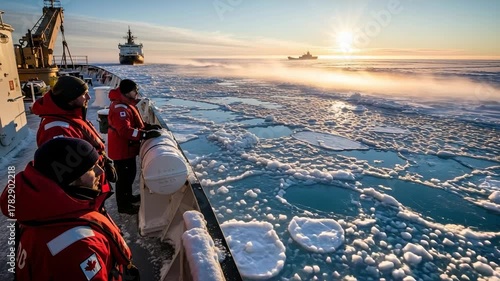 Three male crew members in red winter jackets on an icebreaker ship navigating through icy Arctic waters at sunrise, with other vessels in the distance.