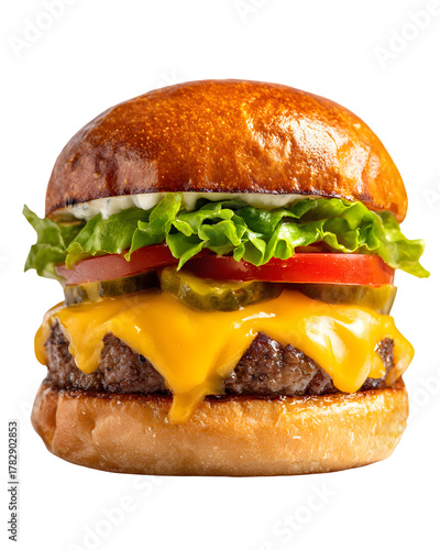 : Delicious Cheeseburger with Fresh Lettuce, Tomato, and Melted Cheese on White Background