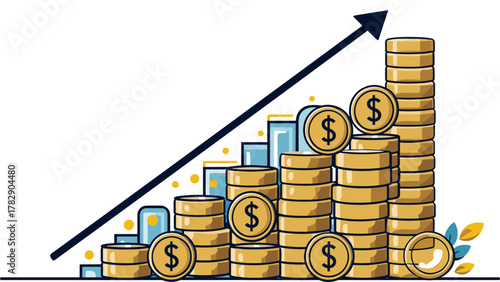コインの金貨がきらきらと積み上がり、青い上昇線が描かれステーブルコインの成長、希望、繁栄を象徴