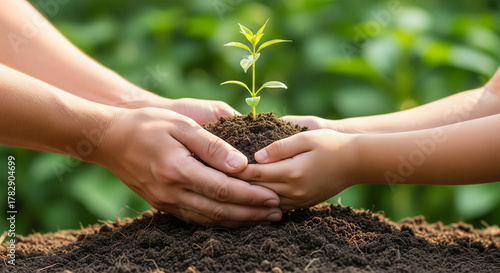 Joint Effort for Ecology: The Power of Collaboration Demonstrated by Hands Holding a Growing Seedling, Fostering Biodiversity and a Healthy World.