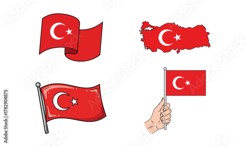 Turkey Flag and Map Doodle Illustration Set: National Symbols of Independence and Sovereignty of the Red and White Anatolian Country
