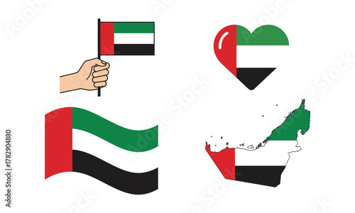 United Arab Emirates Flag Vector Set with Map, Heart, and Waving Symbol