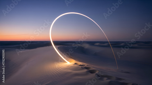 Dune crest light arc desert nightscape golden trail soft sand twilight horizon serene minimal curved glow long exposure lonely footprint vast dune field. Calm wonder flows over quiet desert